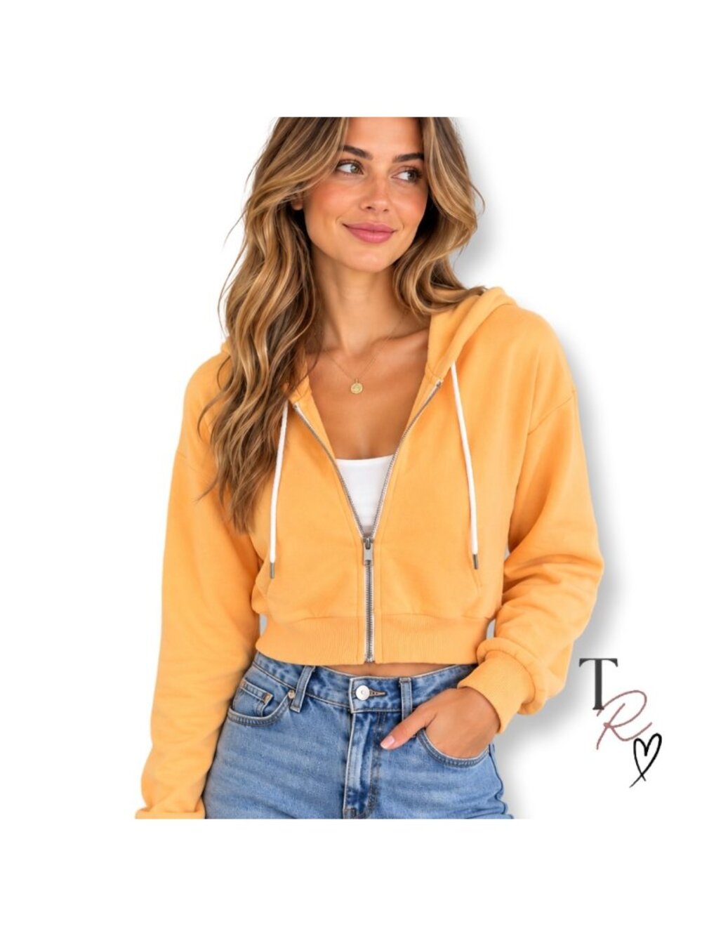 Forever 21 Cropped Zip Up Fleece Lined Hoodie Sweatshirt Orange Sherbet Size S